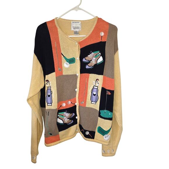 Vintage Christopher & Banks Womens Embroidered Golf Cardigan Sweater XL Yellow - Picture 1 of 4